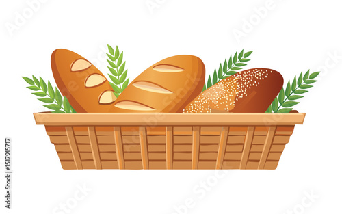 Rustic Basket Filled with Fresh Bread Loaves - Vector Illustration