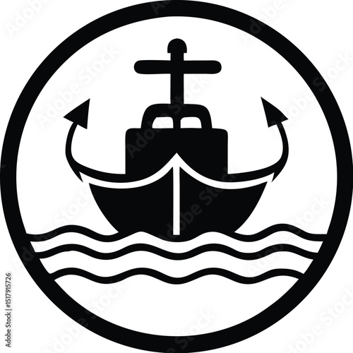 Black and White Nautical Symbol Ship with Anchor Cross and Waves Inside Circle