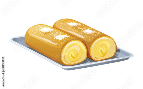 Glazed Golden Baked Rolls on Tray - Vector Illustration