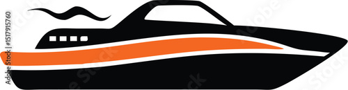 Sleek Black and Orange Motorboat Illustration on a White Background, Simple Design