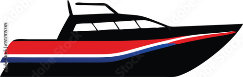 Sleek Black Motorboat with Red and Blue Stripes Marine Vessel Illustration on White Background