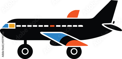 Black Cartoon Airplane with Orange and Blue Accents on White Background Illustration