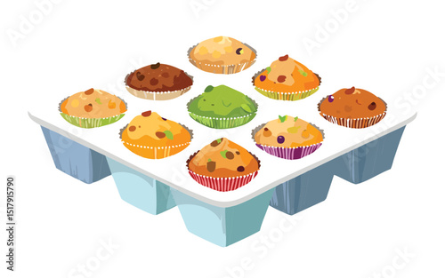 Tray of Assorted Mini Muffins - Vector Illustration
