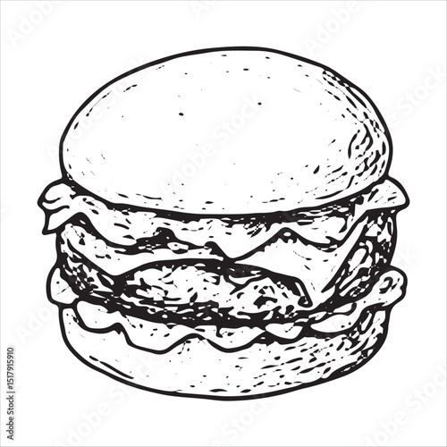 This vector depicts a classic American burger with layers, ideal for fast food, diner themes, and culinary designs in a sketch style