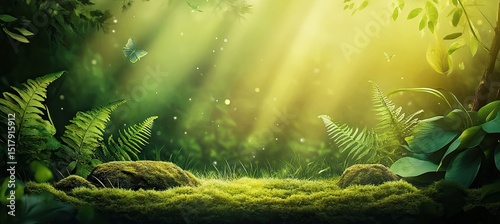 Lush, sunlit forest floor bathed in ethereal light