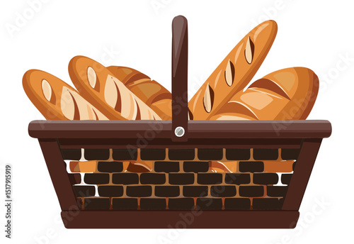 Dark Basket with Fresh Baguettes and Loaves - Vector Illustration