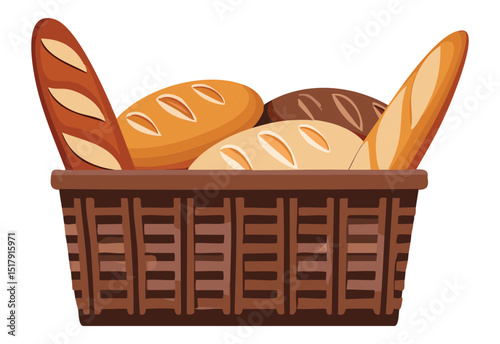 Assorted Breads in Dark Wicker Basket - Vector Illustration