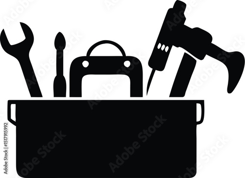 Black and White Toolbox Silhouette Featuring Car, Wrench, Glue Gun, and Screwdriver