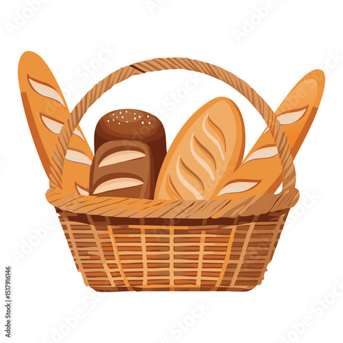 Artisan Breads and Rolls in Traditional Basket - Vector Illustration