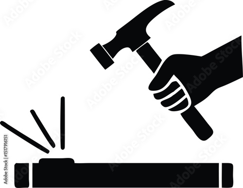 Black Silhouette Illustration Hand Holding Hammer Striking Metal Bar with Sparks Flying Upward