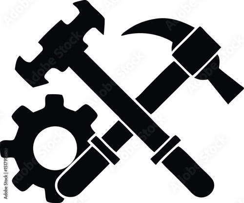 Crossed Hammers and Gear Symbolizing Construction, Repair, and Maintenance, Black and White
