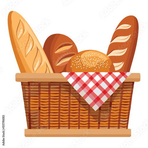 Freshly Baked Baguette and Loaf in Basket - Vector Illustration