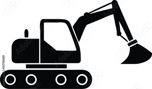 Isolated Silhouette of a Construction Excavator with Bucket Arm in Black and White Design