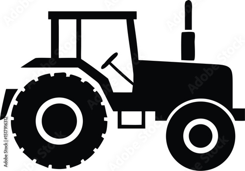 Black Silhouette of a Farm Tractor with Cab and Large Rear Tires Illustration