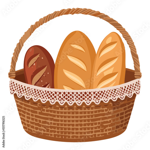 French Bread in Wicker Basket - Vector Illustration