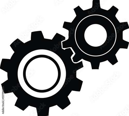 Two Interlocking Black Gears on a White Background, Symbolizing Connection and Mechanism