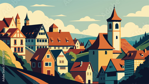 Wallpaper Mural Illustration of european village with church and buildings Torontodigital.ca