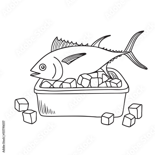 A tuna fish with scattered ice cubes on storage box