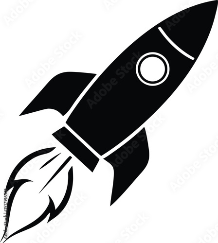 Black and White Silhouette of a Rocket Launching with Flames on a White Background
