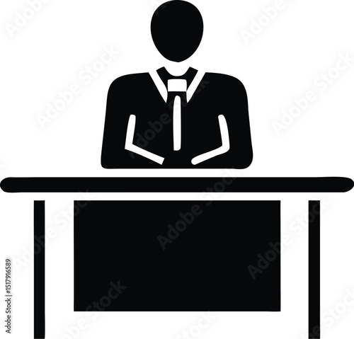 Black and White Icon of a Person in a Suit Behind a Desk