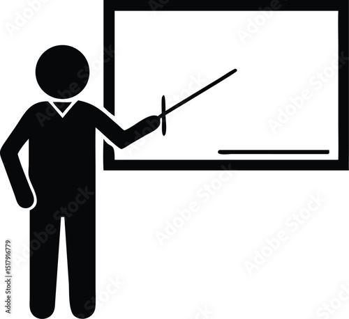Stick Figure Teacher Explaining Something on the Whiteboard with a Pointer in Class