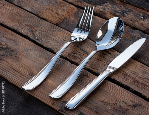 Polished silverware set on rustic wooden planks photo