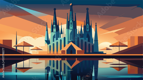 Barcelona cityscape reflection art illustration travel