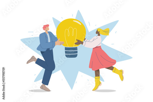 Sharing creative ideas, Corporate problem solving, Brainstorming, teamwork, Men and women holding light bulbs together, Flat design vector illustration.