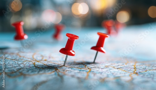 Map with red push pins destinations planning