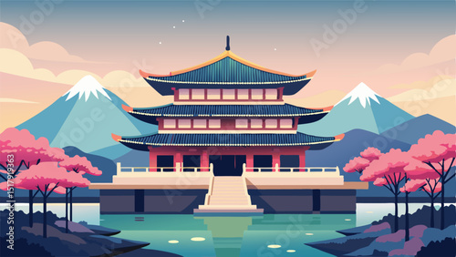 Beautiful japanese temple illustration with cherry blossoms