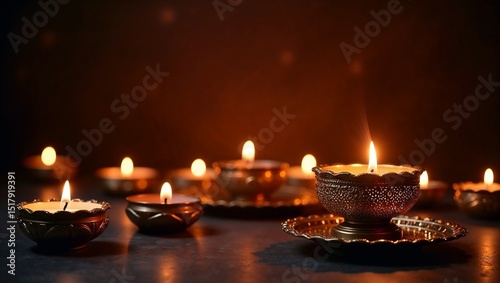 Elegant decorative candles in traditional holders glowing softly in a dark setting
