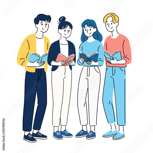 本を読む若者グループのイラスト
