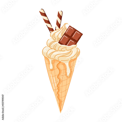 Vanilla ice cream cone with swirled creamy texture with chocolate bar and wafer sticks in cartoon. Refreshing summer dessert perfect for sweet theme, fruit concept and colorful food illustration