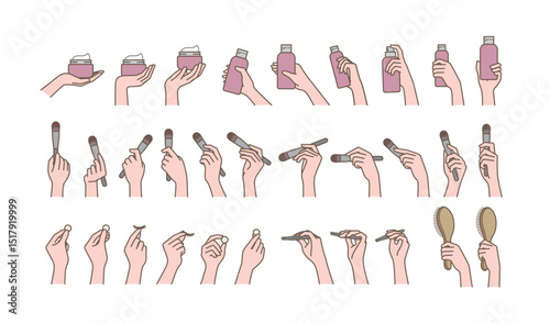 Various hand positions. Different kinds of hand pose. Holding cosmetic container and tweezers. Grabbing brush and comb.