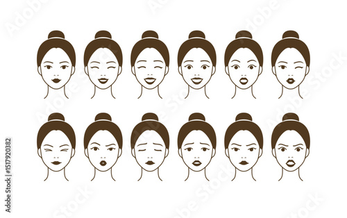 A woman of various expressions. Expressing emotions like happy, smiling, laughing, surprised, wondering, freak out, temptation, sadness, sorrowful, unhappy, angry, furious, upset, and madness