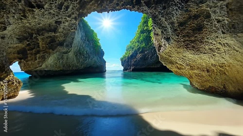 Sunlit cove viewed from a sea cave, turquoise water laps a sandy beach between dramatic rock formations