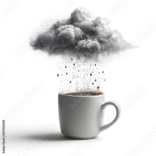 magical steam rising from coffee mug with clouds and reverse rainfall effect isolated on white background with artistic studio glow appearance