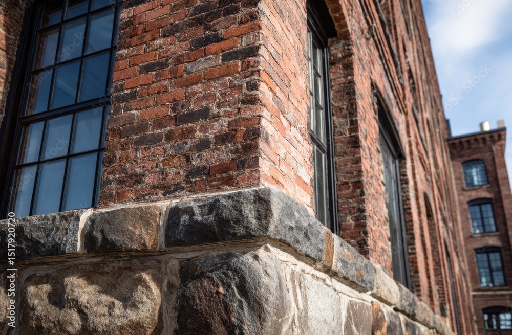 Brick building facade with stone foundation windows Brick building facade with stone foundation windows