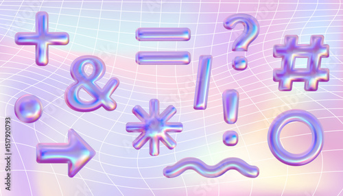 Iridescent shining emoji vector 3d set. Holographic cherry, star, hashtag,butterfly, flower design elements. Eye and lips with music note. Pink chrome metallic shapes
