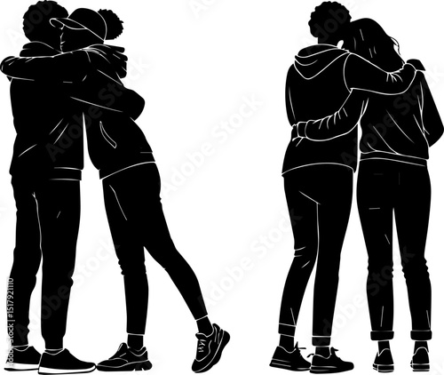Romantic Couple Hugging Silhouettes - Love and Affection Vector