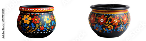 Two painted clay pots with floral designs on a transparent background, PNG image, PNG file.