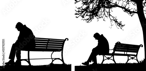 Solitary Figure on Park Bench Silhouette - Loneliness & Contemplation
