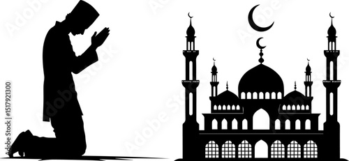 Muslim Prayer & Mosque Silhouette - Islamic Worship and Architecture