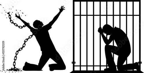 Freedom & Imprisonment Silhouettes: Breaking Chains & Caged Man
