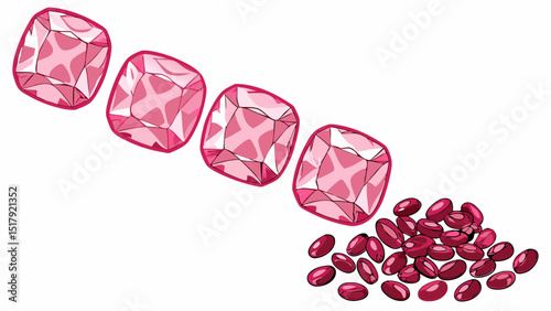 pink sapphires diamonds in different size in one row on white background place in front natural red garnet tumbled stones
