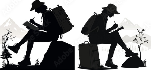 Backpacker or Hiker Silhouettes Writing in Journal Outdoors - Travel and Adventure Storytelling