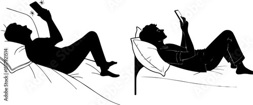 Relaxing Person Silhouette in Bed Using Smartphone - Leisure and Digital Lifestyle