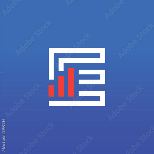 The image shows a flat logo design of an initial letter E in white color with orange graph bar that looks clean and sharp on a blue background. The logo can be used for business related purposes.