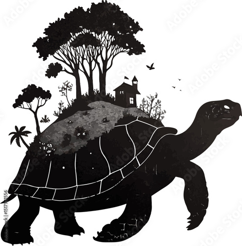 Turtle Carrying a House and Trees - Portable Home and Nature Concept