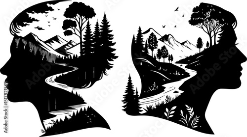 Mind Landscape Silhouette: Nature, Mountains, and Forest in Human Head Profile